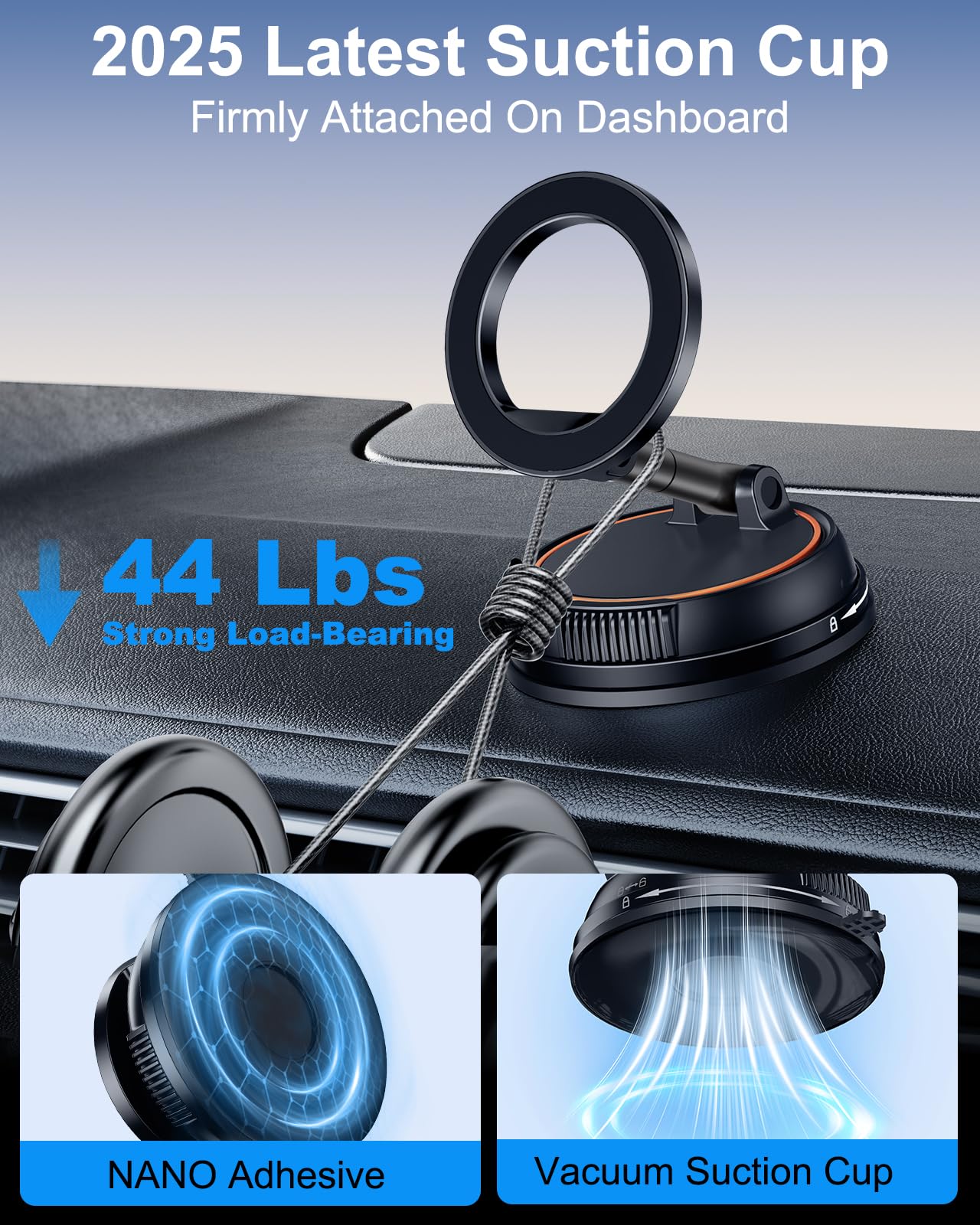 xuenair Vacuum Phone Holder for Car Dashboard Navigation Phone Holder Mount Magnetic, 360 Rotatable Hands Free Magsafe Car Mount Suction for Dash