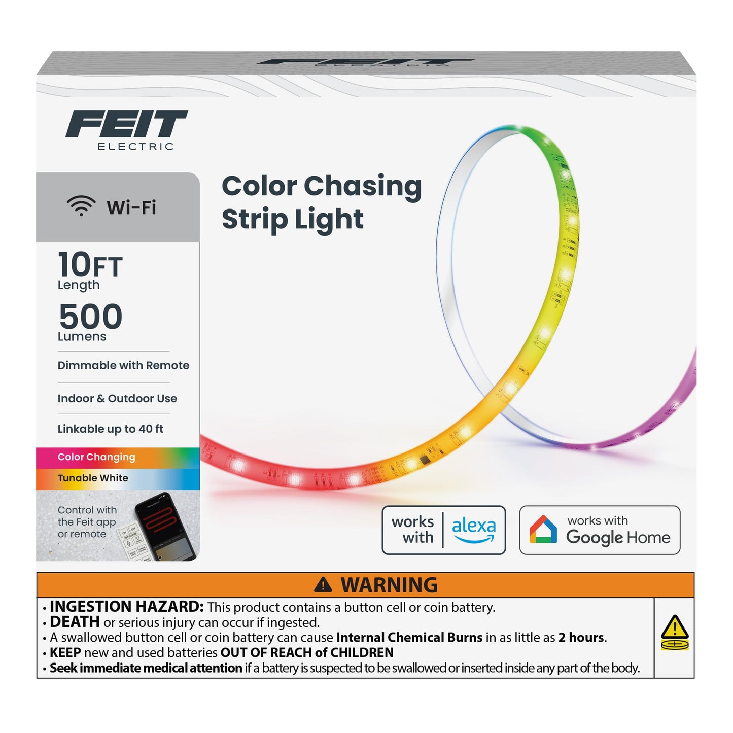 Feit Electric 10FT Smart Chasing LED Strip Light, RGB Color-Changing + Tunable White, Wi-Fi App & Remote Control, Alexa & Google Home, Linkable