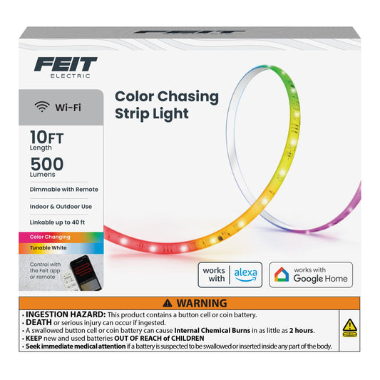 Feit Electric 10FT Smart Chasing LED Strip Light, RGB Color-Changing + Tunable White, Wi-Fi App & Remote Control, Alexa & Google Home, Linkable