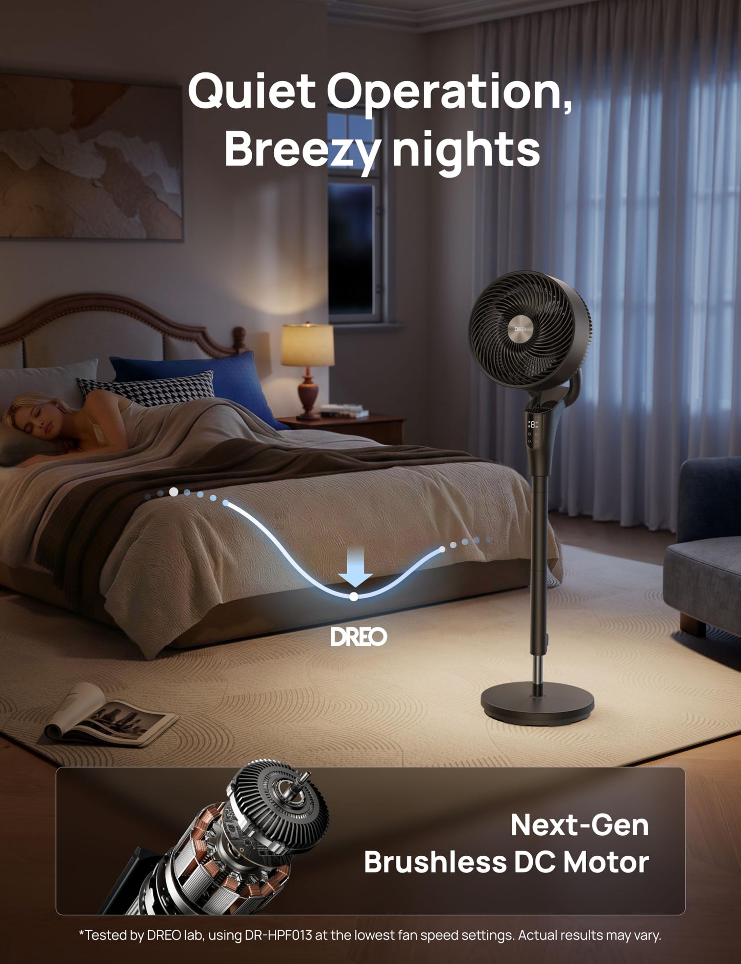 DREO Fan for Bedroom, 2026 Upgraded, 90ft Airflow, Quiet Fan, 90° Oscillating Standing Fan for Whole Room, DC Motor, 8+H Speeds, 3 Modes, 38-42''