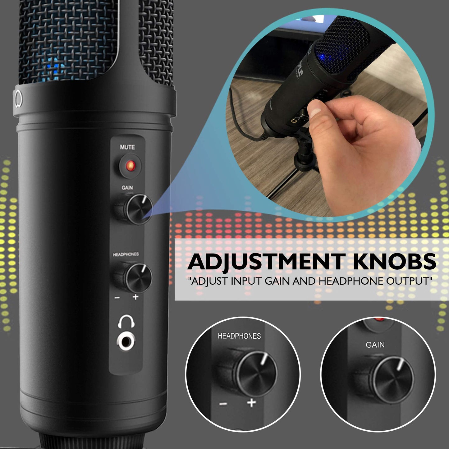 JOVIAL USB PC Recording Condenser Microphone - Blue LED, Adjustable Gain, Headphone Jack, Mute Control, Tripod Stand - Portable Pro Audio Condenser