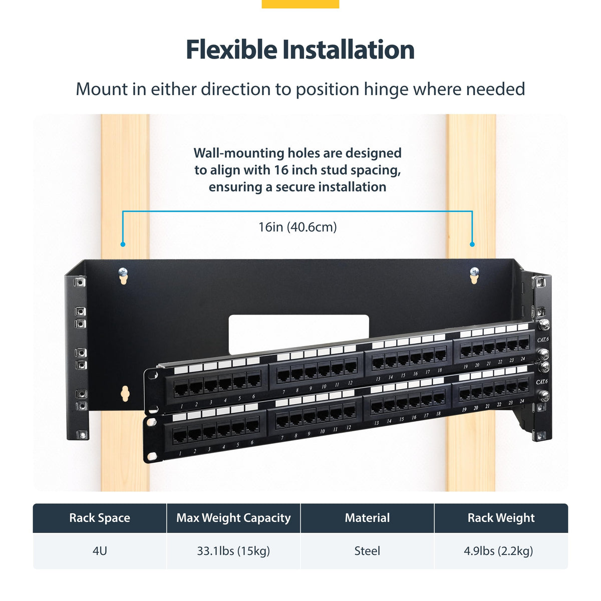 StarTech.com 4U Hinged Wall Mount Patch Panel Bracket - 6 inch Deep - 19" Patch Panel Swing Rack for Shallow Network Equipment- 33lbs (WALLMOUNTH4)