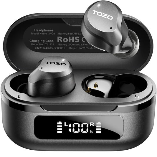 TOZO NC9 Hybrid Active Noise Cancelling Wireless Earbuds, 6 Mics ENC Clear Call, IPX8 Waterproof, in Ear Bluetooth 5.3 Headphones Stereo Bass Ear Buds