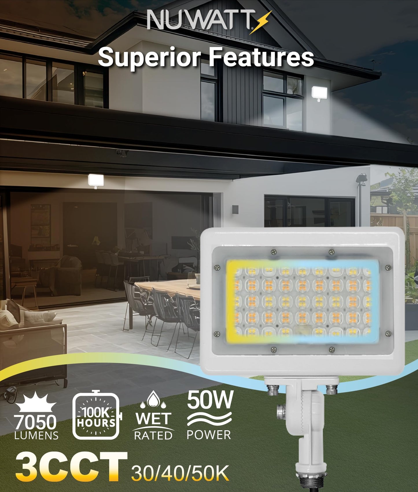 NUWATT 50W LED Flood Light, 3CCT 3000K/4000K/5000K Selectable, IP65 Waterproof Lighting, Adjustable Knuckle Mount, 7050LM, 0-10V Dimmable, 120-277V