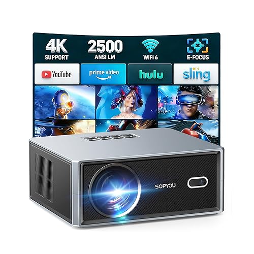 [Short Throw/2500 ANSI/E-Focus] SOPYOU 4K Decoding Projector with WiFi and Bluetooth, Outdoor Movie Projectors, Max 450" Display Home Theater