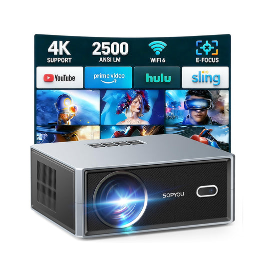 [Short Throw/2500 ANSI/E-Focus] SOPYOU 4K Decoding Projector with WiFi and Bluetooth, Outdoor Movie Projectors, Max 450" Display Home Theater