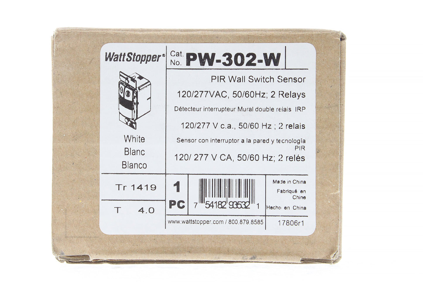 Watt Stopper PW-302-W 2 Relay Wall Switch Occupancy Sensor, 120/277V 1200W White