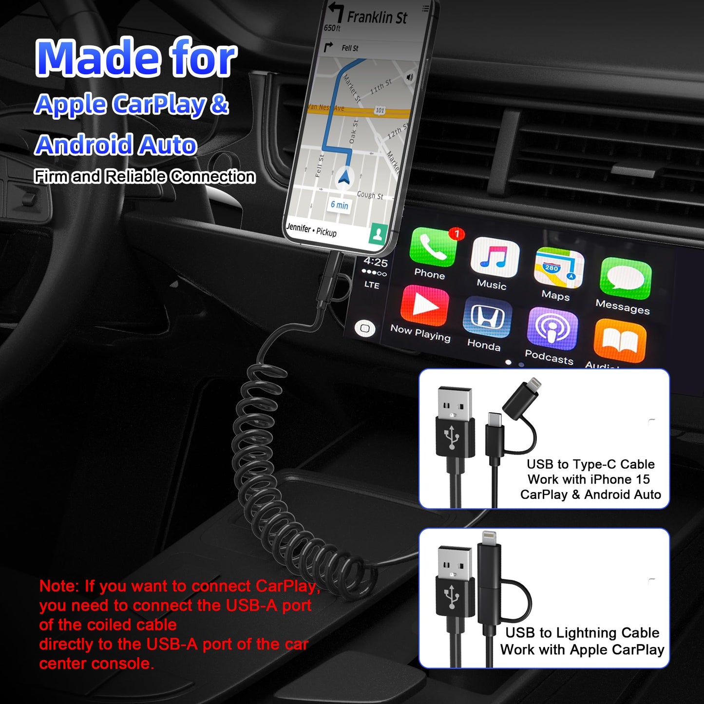 USB to USB-C and Lightning Cable Combo 2 in 1 Coiled Cable Support Apple Carplay & Android Auto [MFi & 3A Fast Charge & Data Sync] Coiled Lightning…