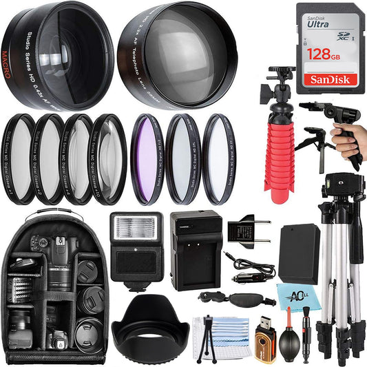 A-Cell 58mm Accessory Bundle for Canon EOS Rebel T7, T6, T5, T3, T100, 4000D, 2000D, 3000D and More with 128GB SanDisk Memory Card, Wide Angle Lens