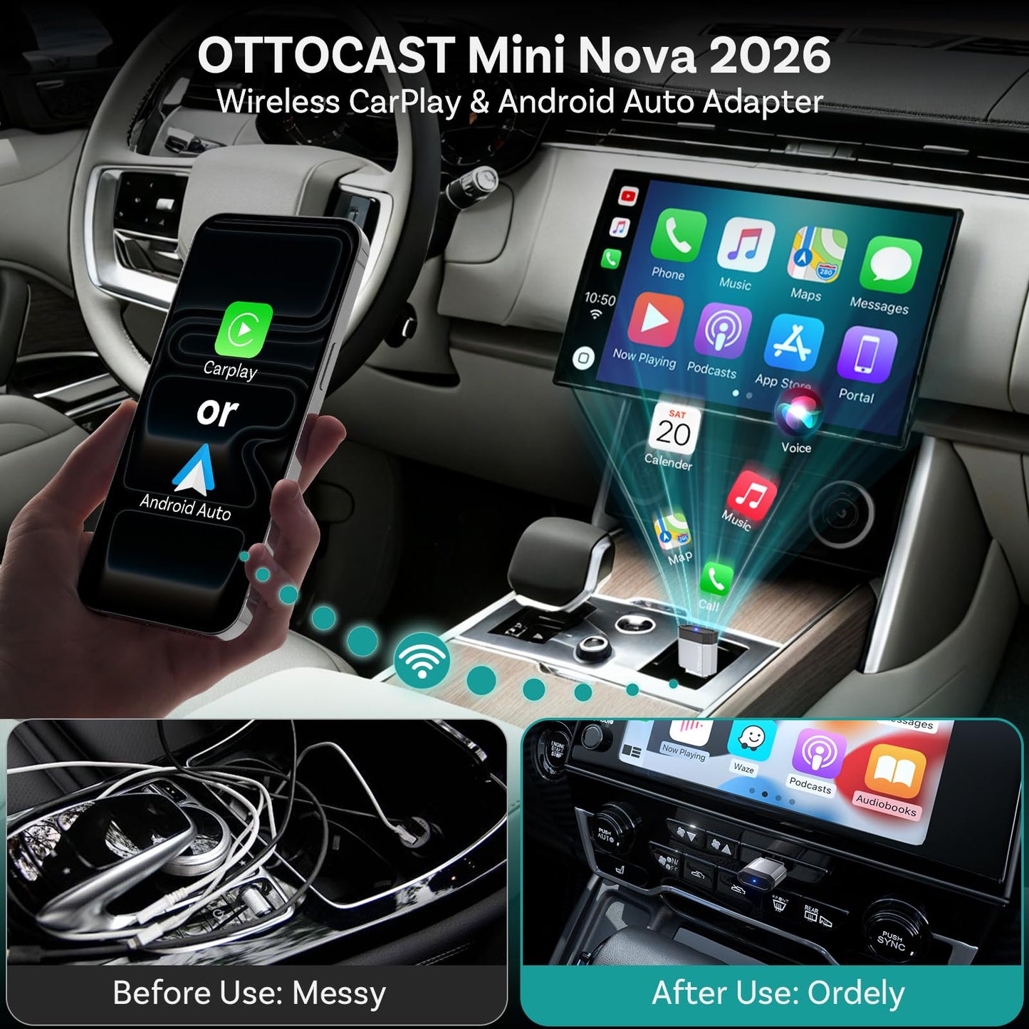 OTTOCAST Mini Nova Wireless CarPlay & Android Auto Adapter, 2-in-1 Convert Wired to Wireless, Plug & Play, Fast Auto Reconnect, Compact Mini Design