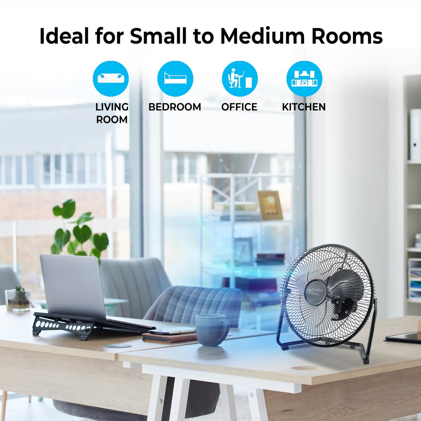 Comfort Zone 9 inch Cradle Fan, 3 Speed Floor or Table Fan with180 Degree Tilt, Metal Construction and Aluminum Blades, Carry Handle, Rubber Feet