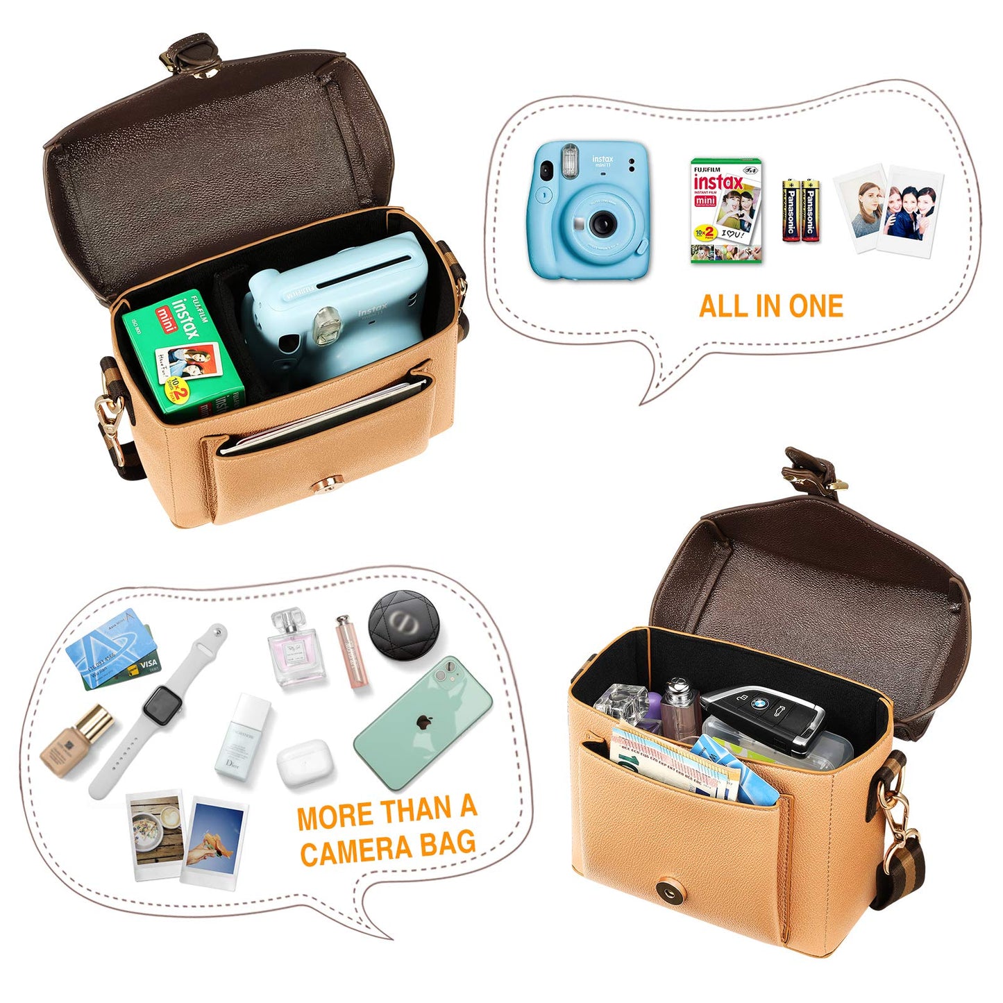 FINPAC Protective Case Leather Crossbody Handbag for Fujifilm Instax Mini 12/11/9/8+/8/90/70/40/26+/25/7s/Mini LiPlay/Square SQ1/SQ6/SQ40 Polaroid