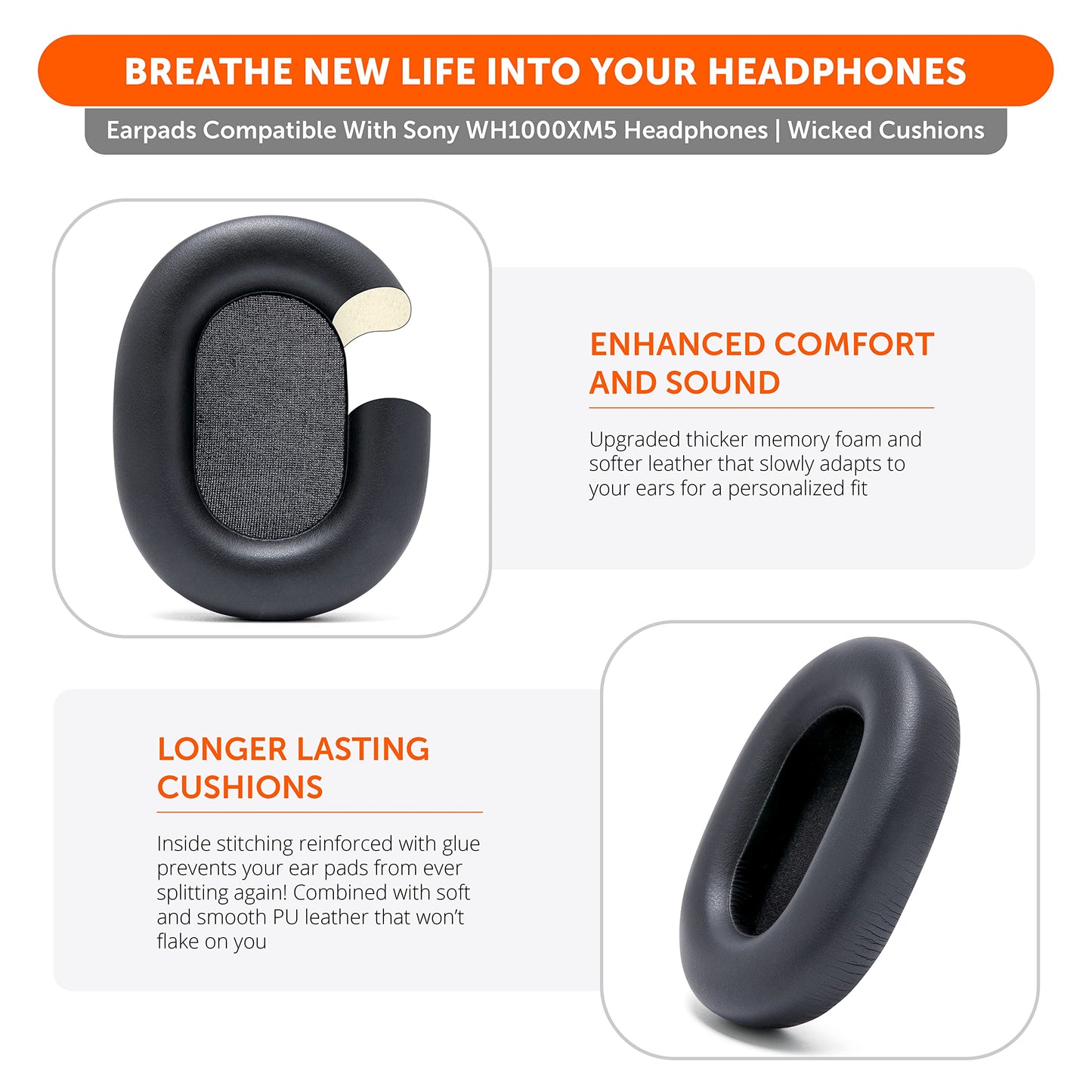 WC PadZ XM5 - Thick Earpads by Wicked Cushions for Sony WH-1000XM5 Headphones, Soft PU Leather, Extra Thick, Noise-Isolating Memory Foam | Black