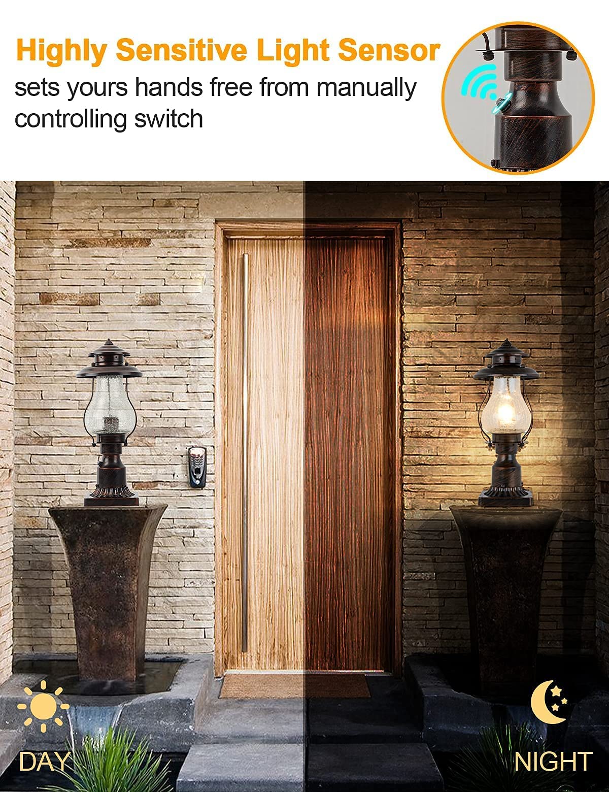Dusk to Dawn Post Lights Outdoor Photocell Sensor Rustic Pole Mount Lanterns with Pier Mount Adapter Oil Rubbed Brown with Crackle Glass Waterproof