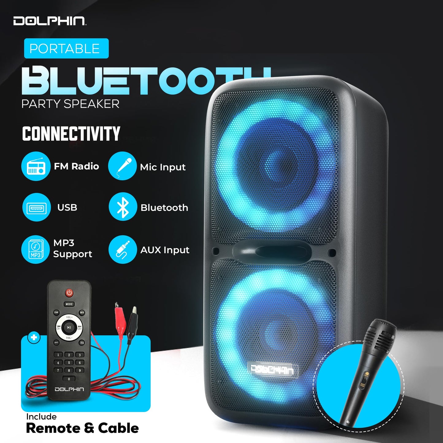 Dolphin Dual 12" Bluetooth Party Speaker - Portable Large Speaker with Wired Microphone, Multicolor LED Lights, USB Playback, Hi-Fi Amplifier