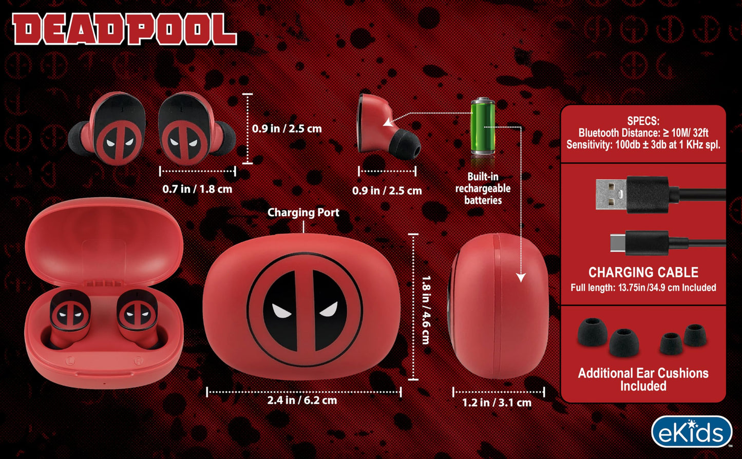 Deadpool Wireless Earbuds with Mic, Bluetooth Earbuds with Charging Case