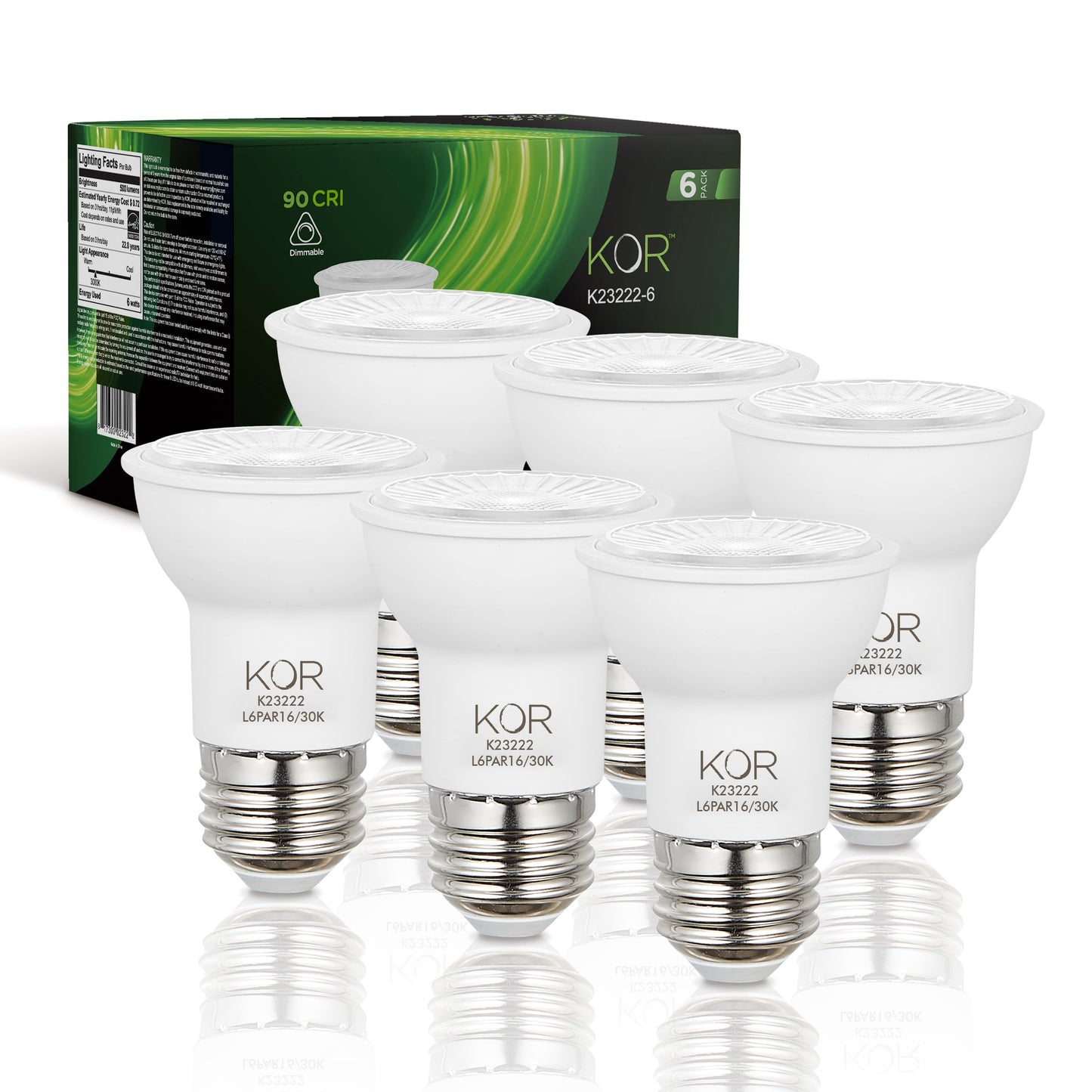KOR PAR16 LED Flood Bulbs, 6-Pack, Dimmable 50W Eq., 3000K Warm White, E26