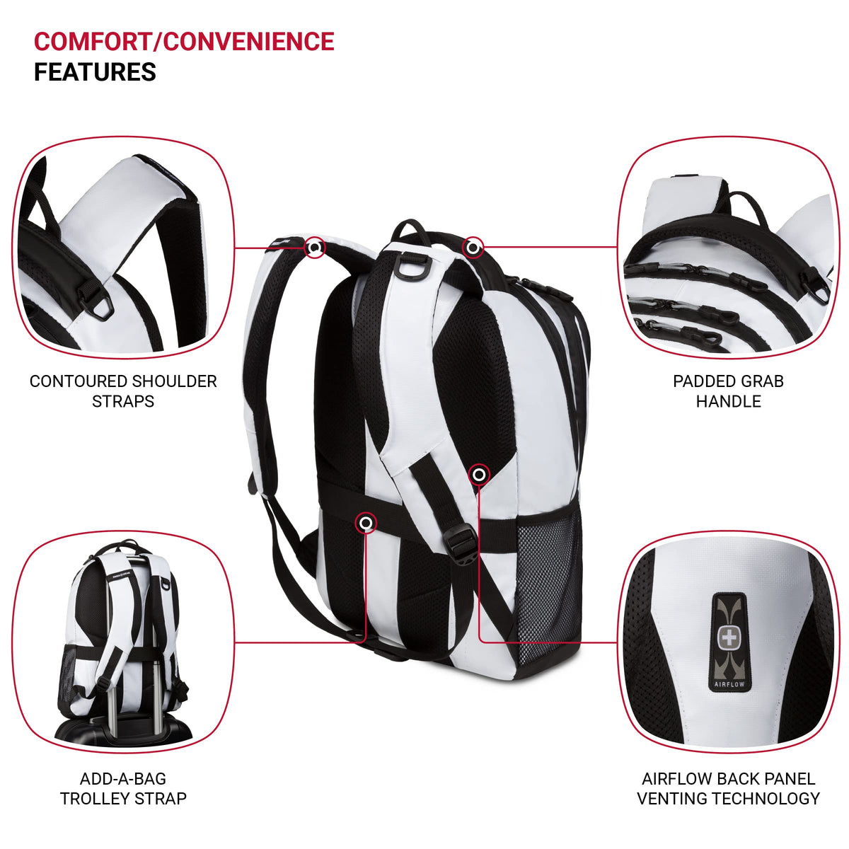 SWISSGEAR Cecil 18-Inch Laptop Backpack Fits 16-Inch Laptop, Travel Daypack with Organizer Pockets, Water Bottle Holders & Padded Straps - White