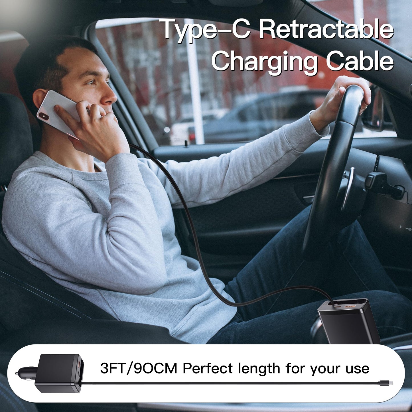 65W Laptop Car Charger with Retractable Cable, 3-in-1 125W Fast USB C Car Charger Adapter, USB-A & Dual USB-C Ports for iPhone 15/14/13, Samsung