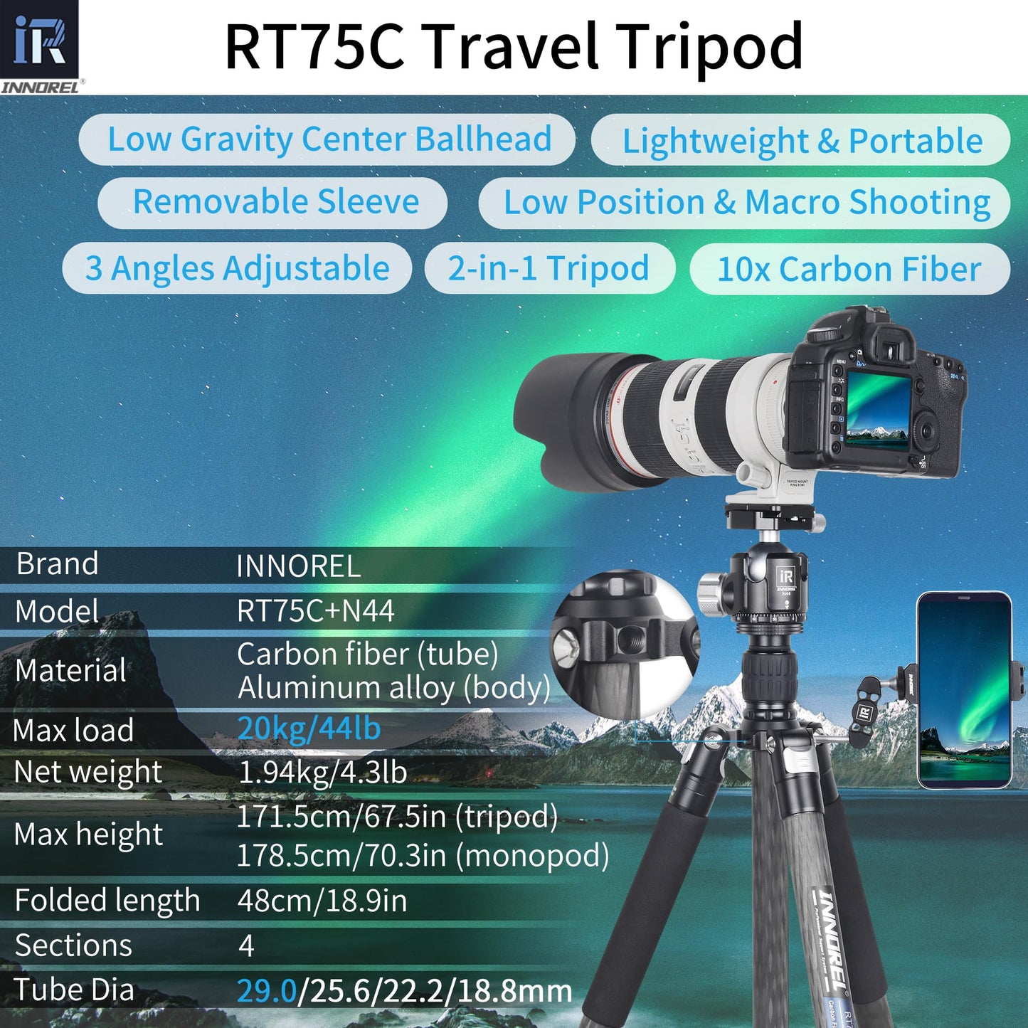 Carbon Fiber Tripod-INNOREL RT75C Super Professional Tripod Monopod Heavy Duty Stand Support Low Gravity Center 360°Panoramic ballhead for Digital