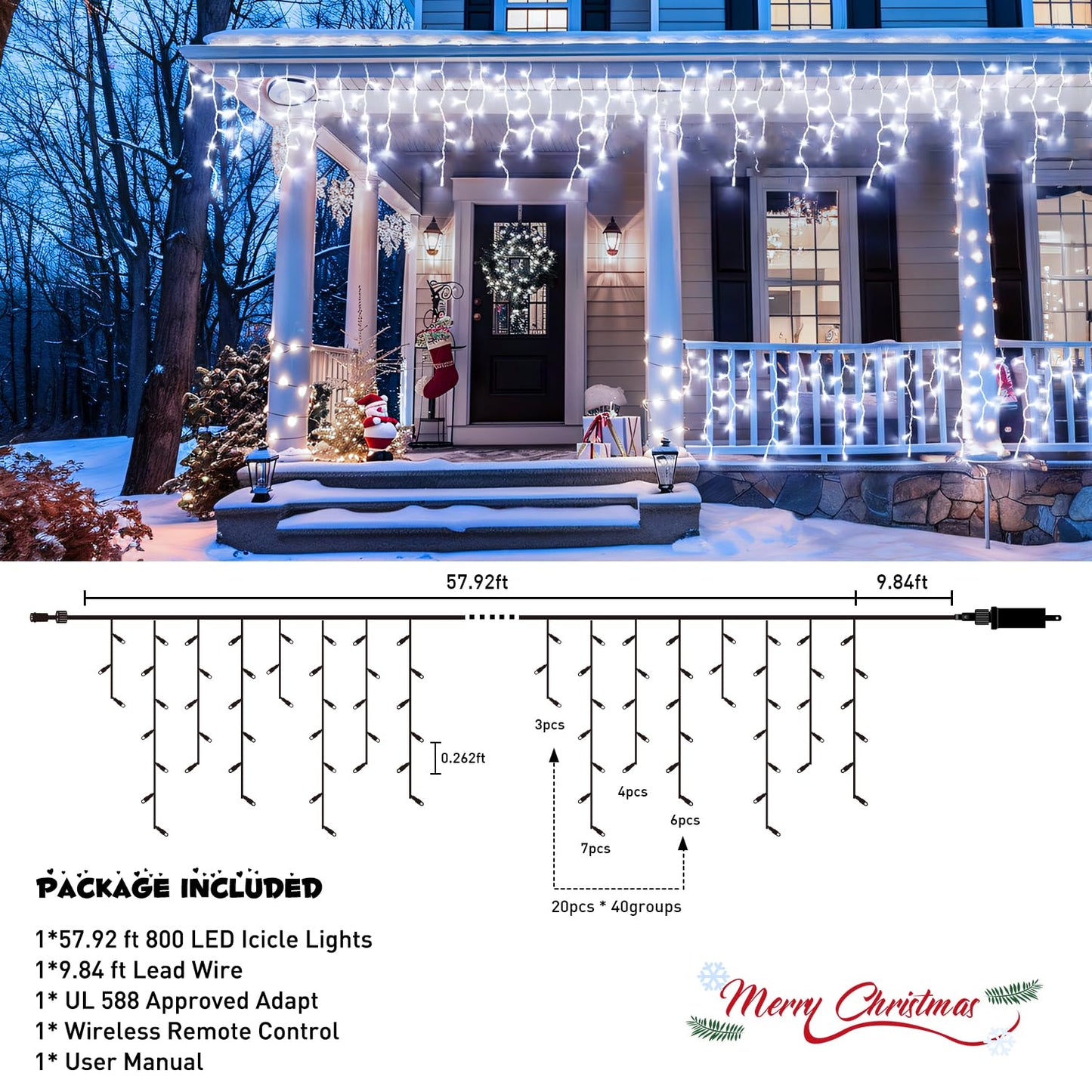 JMEXSUSS Christmas Icicle Lights for Outside: 800 LED White Icicle Lights Outdoor Waterproof - White Christmas String Lights for House Wedding Party