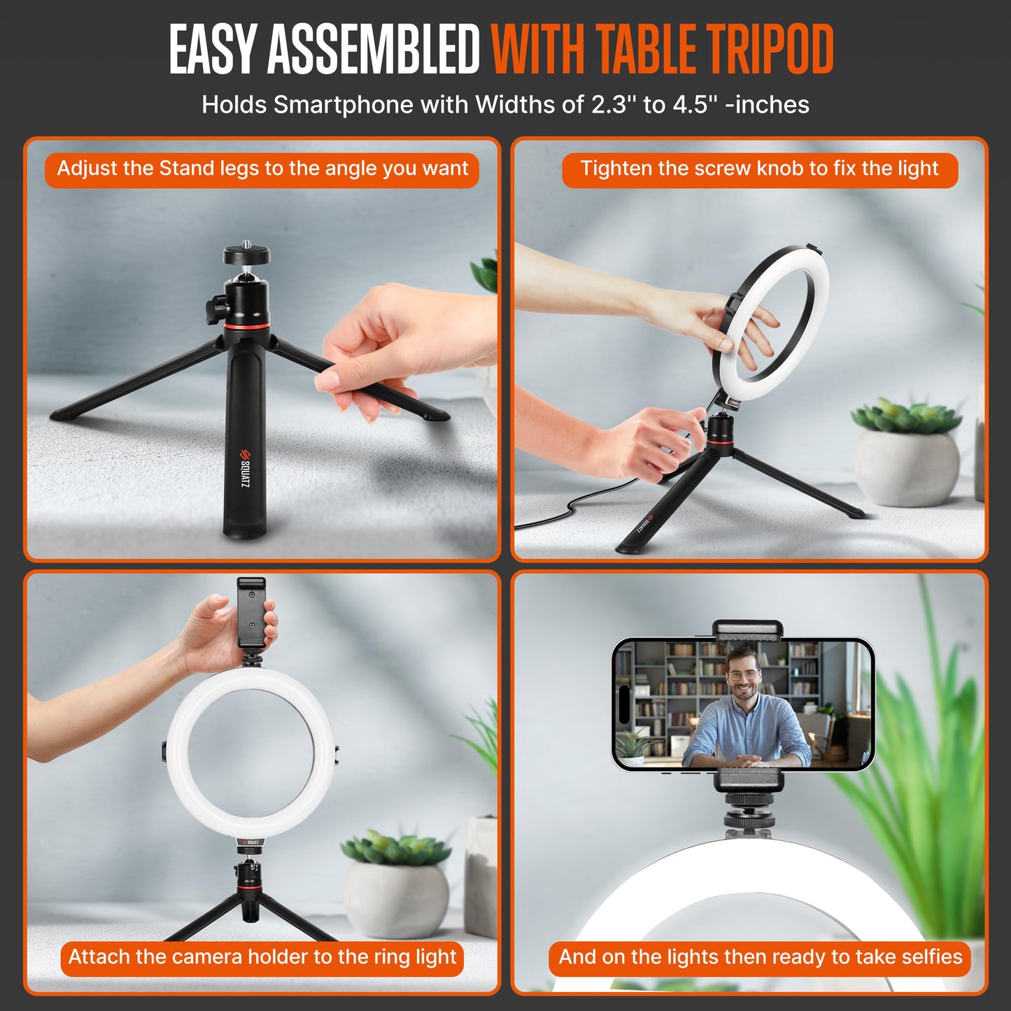SQUATZ 8'' LED Ring Light with Stand and Phone Holder - 360 Rotating & Standard Tripod Kit - 14W, Remote Control, Adjustable Brightness, Rotation