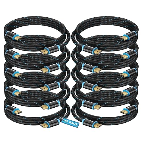 HDMI Cable 4K Ultra HD 4 Foot (10 Pack) Nylon Braided HDMI 2.0 Cable, High Speed 18Gbps 4K60Hz HDR, 3D, 2160p, 1080p, HDCP 2.2, ARC, HDMI Cables