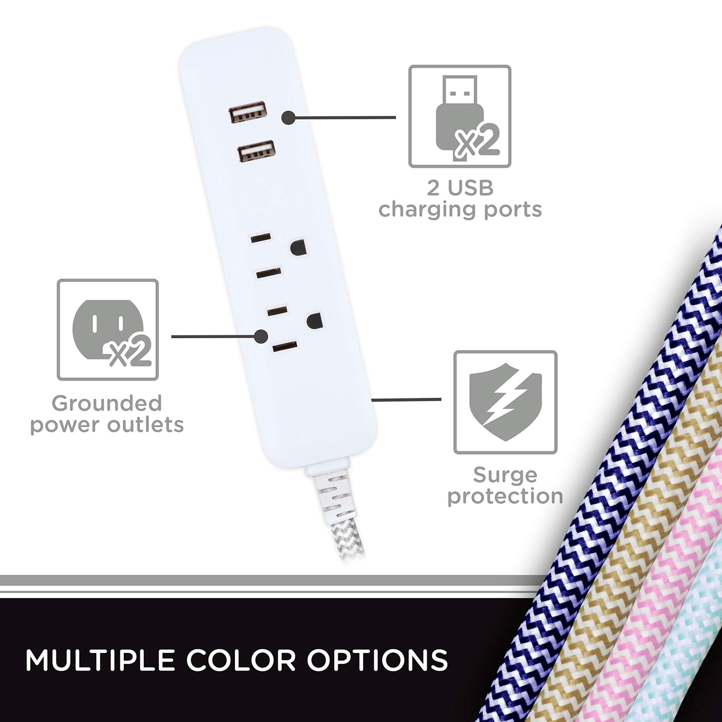Cordinate Surge Protector Power Strip, 2 Outlet 10 Ft Braided Cord Power Strip with USB Ports, 3-Prong Flat Plug, White, 41691