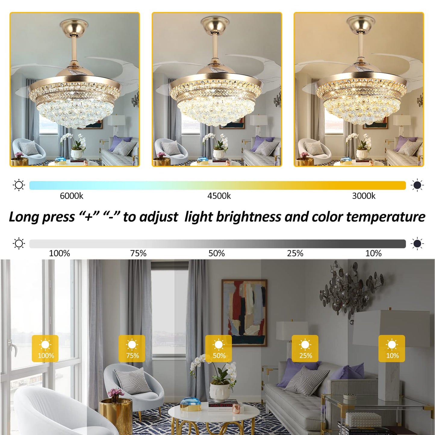Panghuhu88 42" Invisible Ceiling Fan Chandelier with Light,Modern Crystal Ceiling Fan Light Remote Control 4 Retractable ABS Blades for Bedroom Living