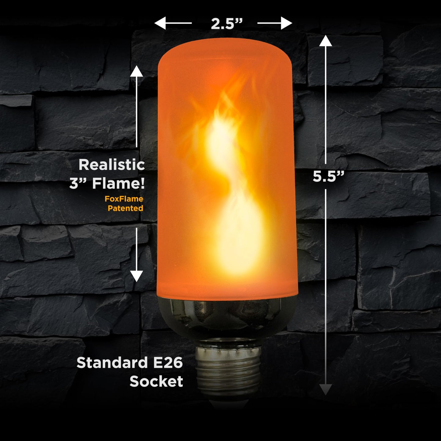 FoxFlame Flickering Light Bulbs, E26 Base, 2000K Warm, Patented Fire Effect
