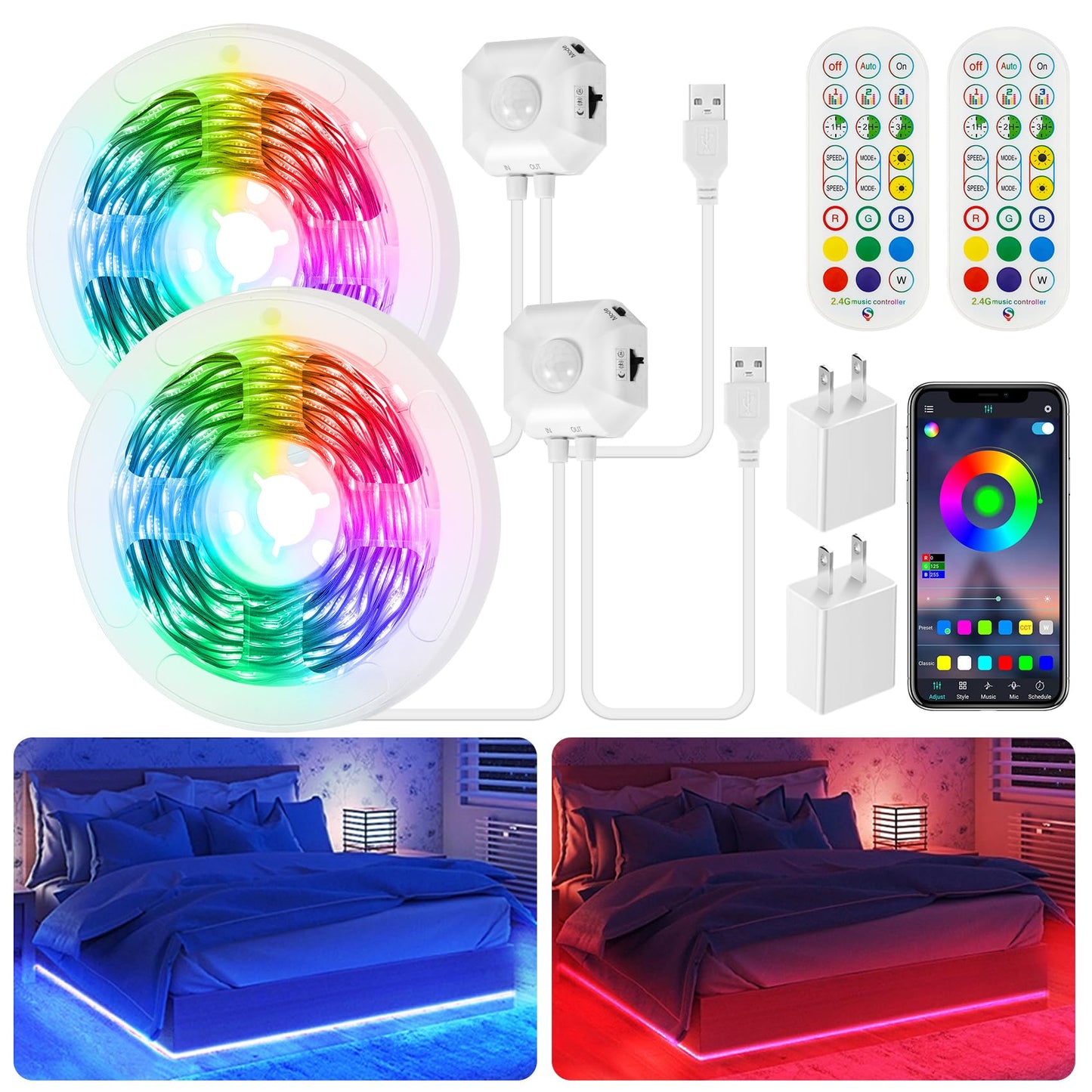 Under Bed Lights Motion Sensor Light Indoor, 2-Pack 9.8Ft Motion Activated RGB Color Changing LED Strips with Remote,App Control,Music Sync, USB