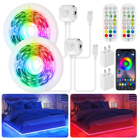 Under Bed Lights Motion Sensor Light Indoor, 2-Pack 9.8Ft Motion Activated RGB Color Changing LED Strips with Remote,App Control,Music Sync, USB