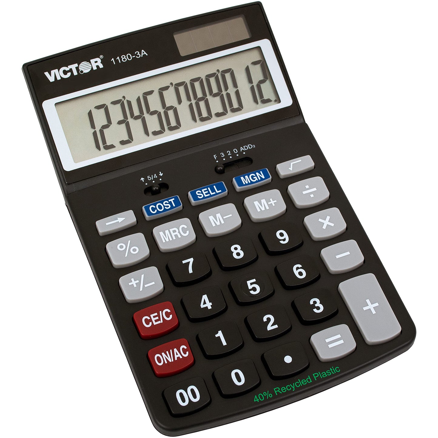 Victor 1180-3A 12-Digit Standard Function Calculator, Battery and Solar Hybrid Powered Adjustable Angle LCD Display, Great For Home and Office Desks
