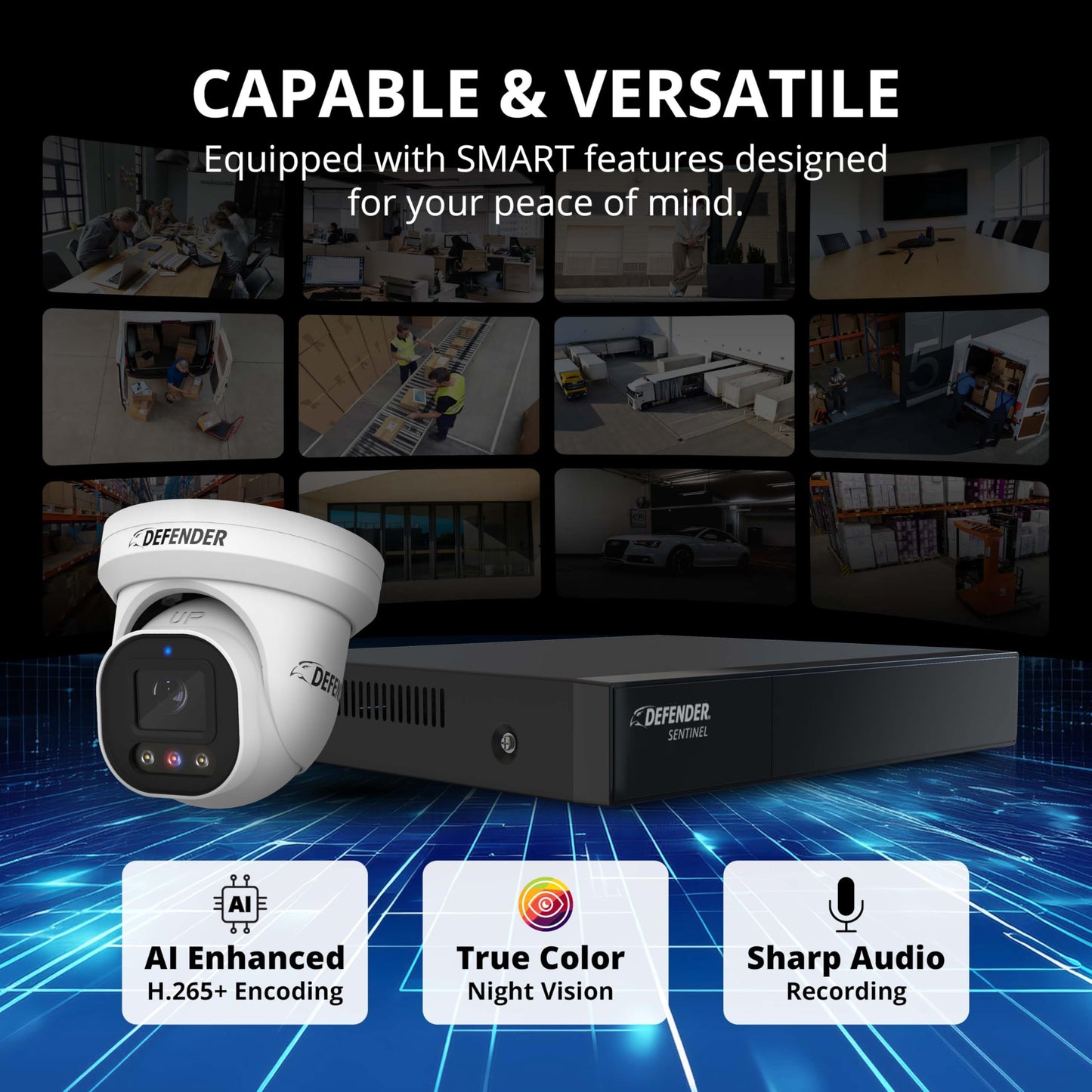 Defender AI Powered Sentinel Pro Turret 8CH NVR PoE Security Camera System, 6pc Metal Turret Cameras, 109° Wide Angle, IP66 Rated, Audio Recording
