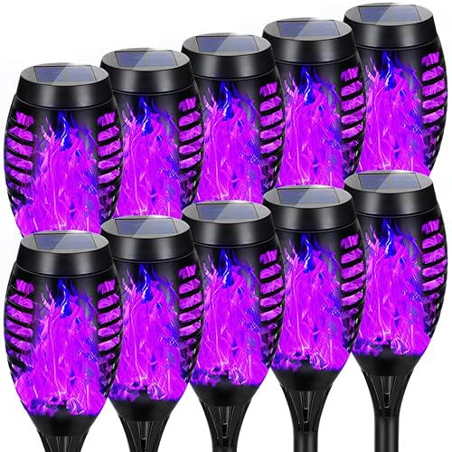 AOUNQ Solar Lights Outdoor, Upgraded 10 Pack Purple Solar Torch Lights Outdoor Flickering Flame for Garden Decor, Waterproof Outdoor Lights Solar