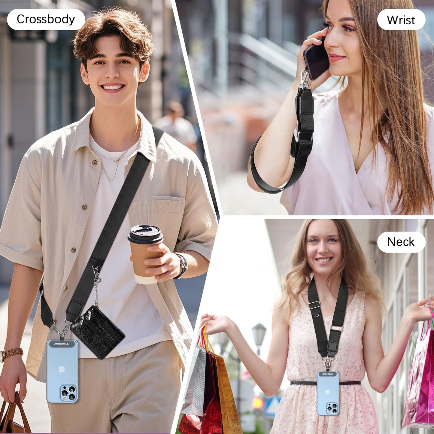 MoKo Universal Phone Lanyard, Phone Crossbody Strap with Detachable Pouch, Adjustable Cellphone Lanyard Crossbody Around the Neck with Patches
