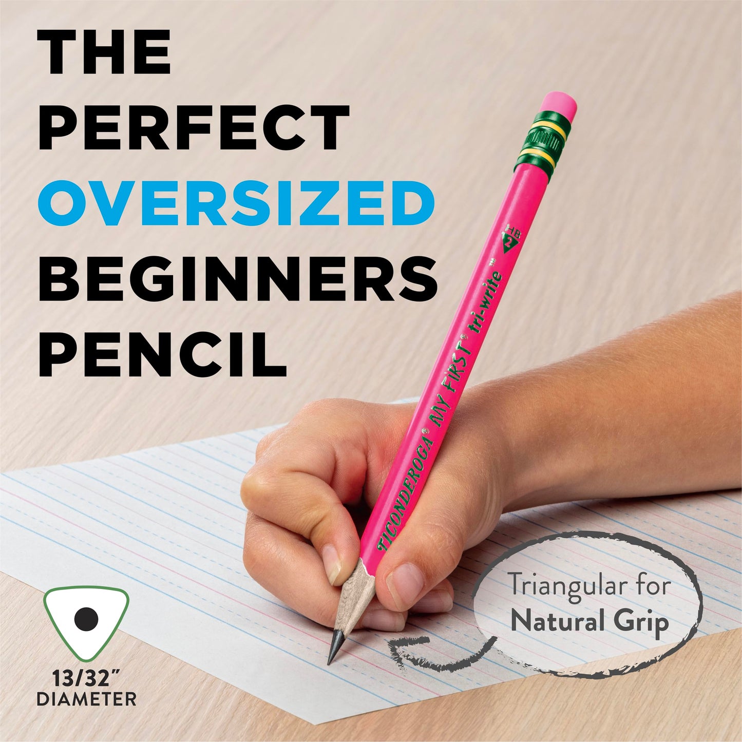 Ticonderoga My First Tri-Write Wood-Cased Pencils, Pre-Sharpened, 2 HB, With Erasers, Neon Colors, 12 Count