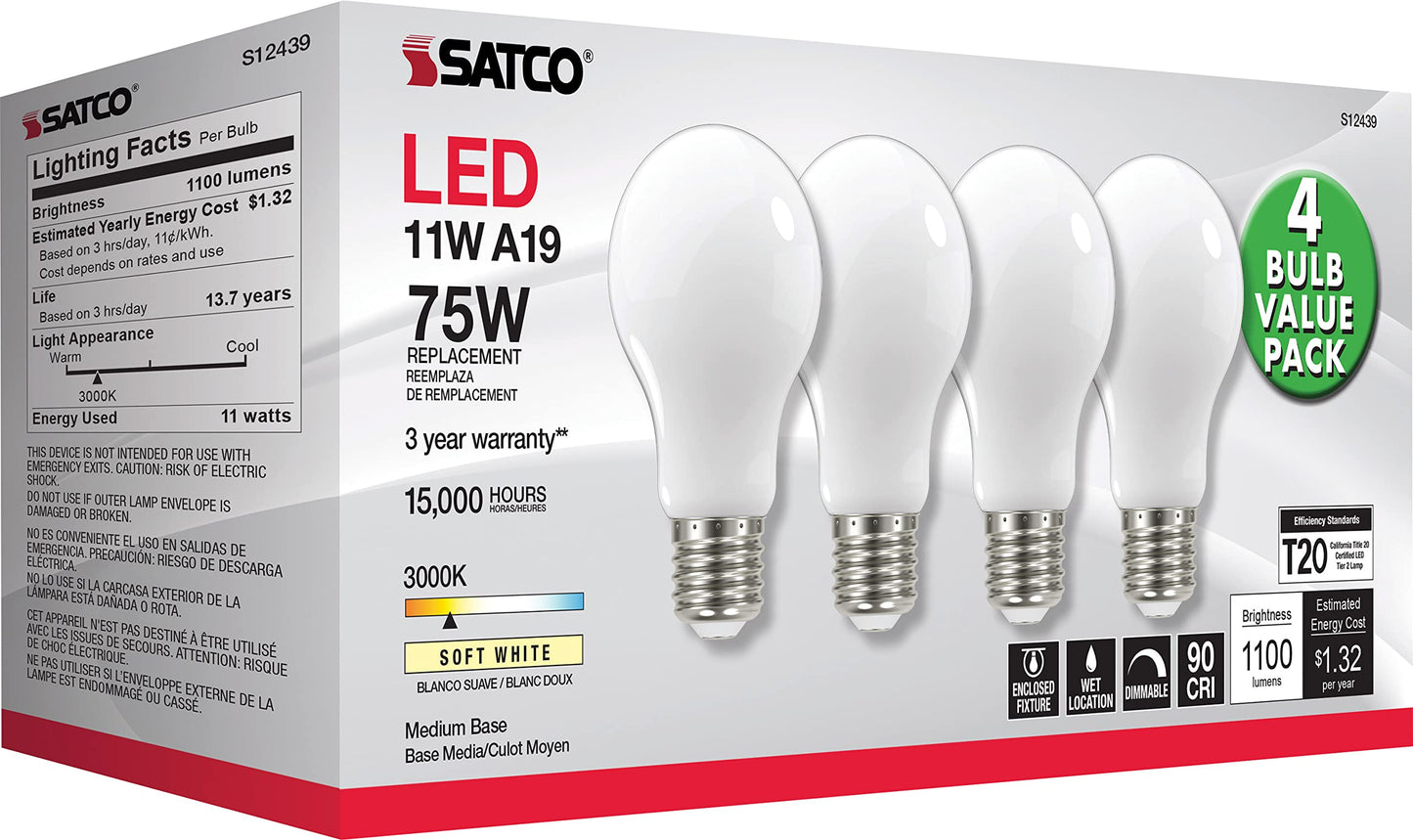 Satco S12439, A19 LED Light Bulbs, 75W Replacement, 3000K, 4-Pack, LED Lamp
