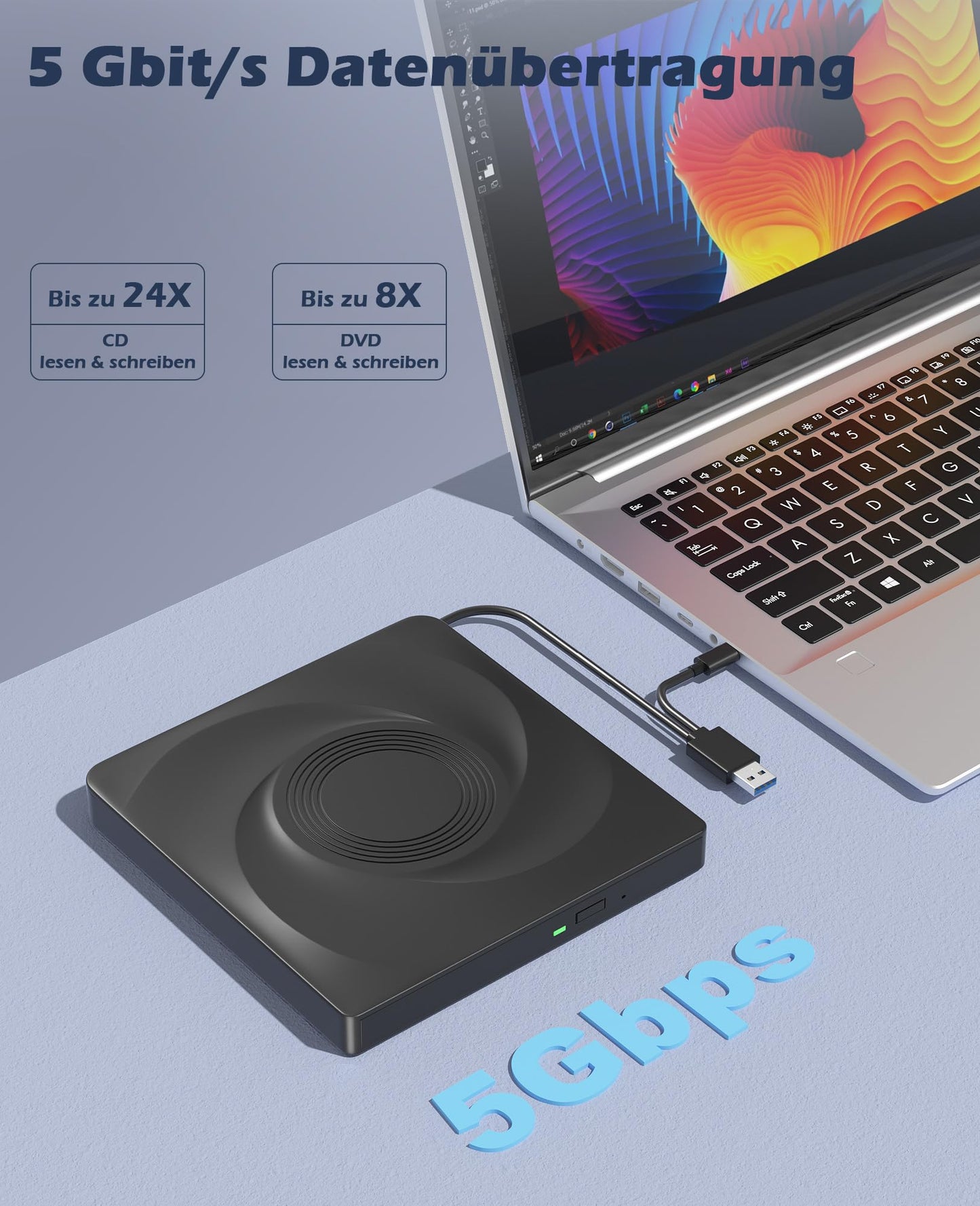 Wbacon External CD/DVD Drive for Laptop External DVD Drive, DVD Player Portable CD Reader for Laptop, CD Burner Compatible with PC Windows 11/10//7
