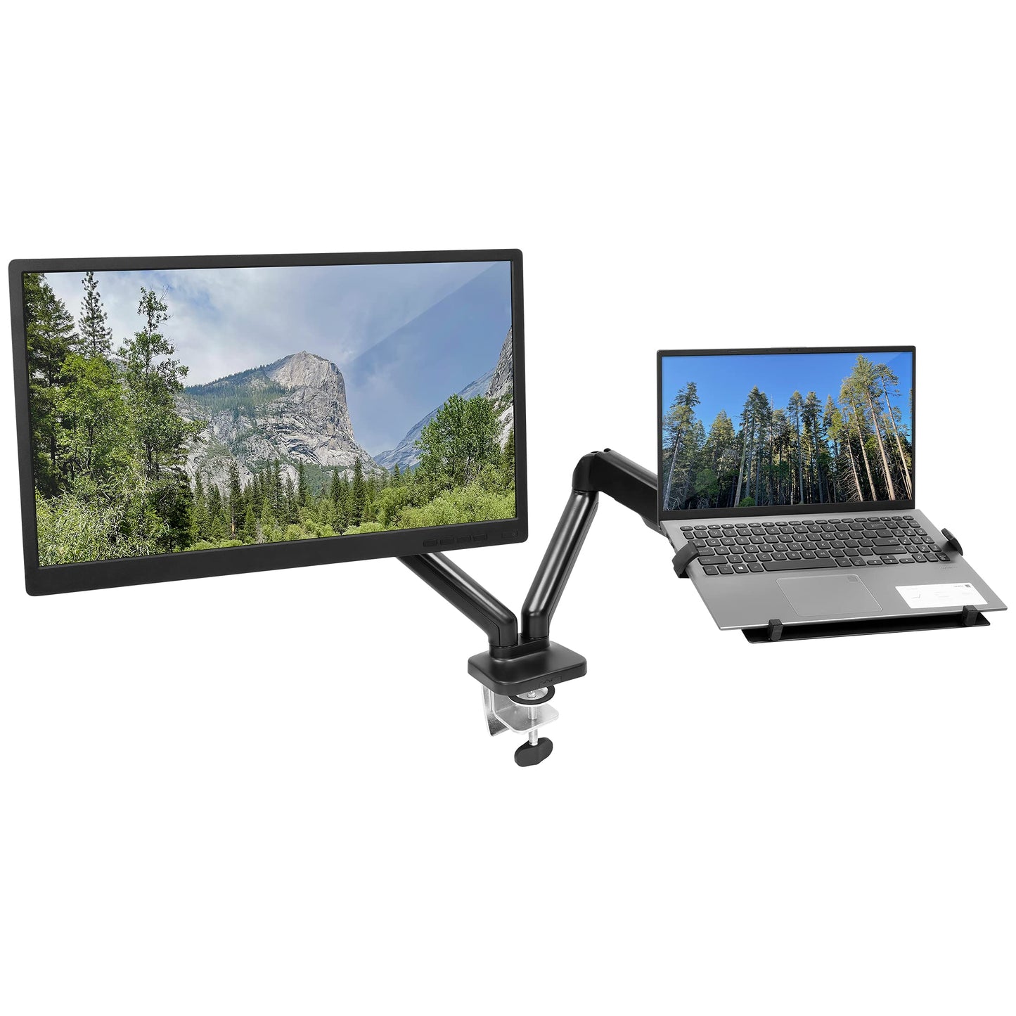 Mount-It! Monitor and Laptop Desk Mount, Height Adjustable Dual Arm Stand with Vented Laptop Tray, Fits Laptops up to 17 Inch and 13-27 Inch Monitors