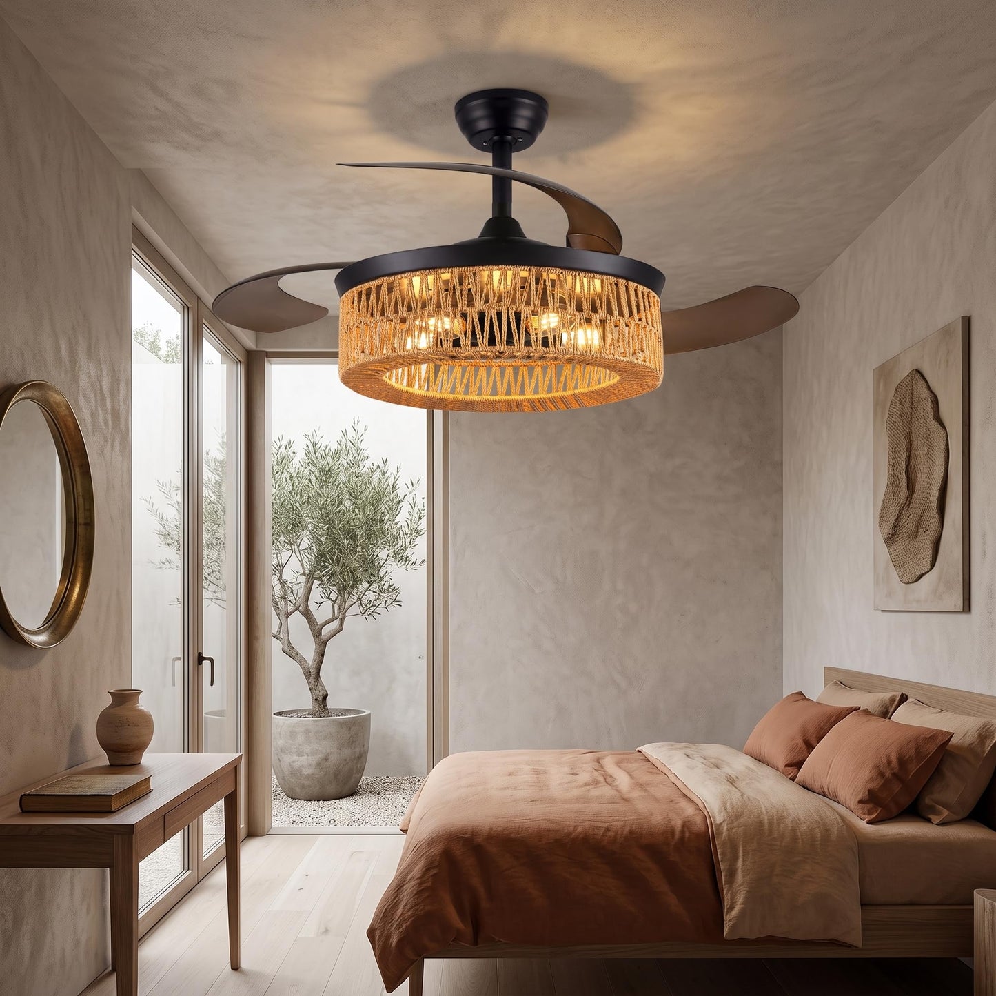 48 Inch Retractable Ceiling Fans , Boho Caged Farmhouse Ceiling Fanwith Lights and Remote, Invisible Rattan Fandelier with 6 Speeds,Timer