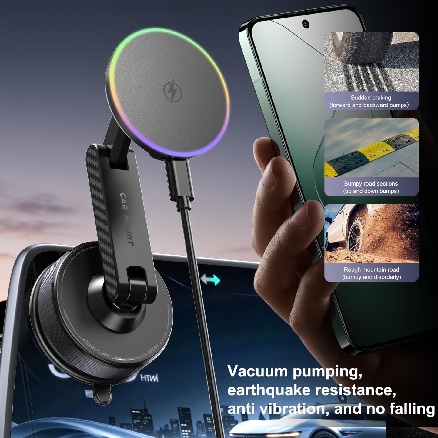 YLBV 15W Magsafe Car Phone Mount Charger,Vacuum Car Phone Holder Charger,360° Adjustable Magnetic Cell Phone Holders for Car,Wireless Charging Mount