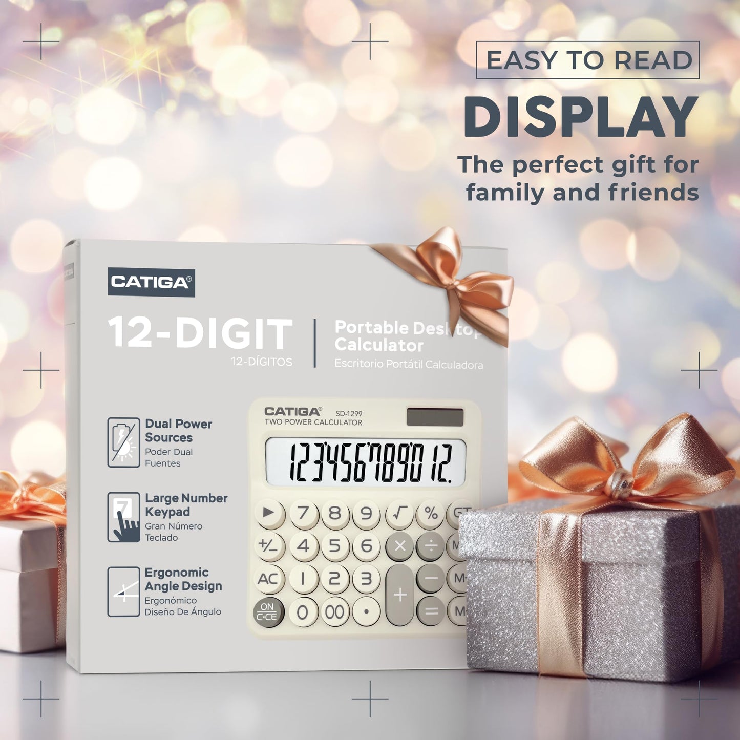 CATIGA Mechanical Switch Calculator with Solar and Battery Dual Power, 12-Digit Large LCD Display, Aesthetic and Cute Desktop Calculator with Big