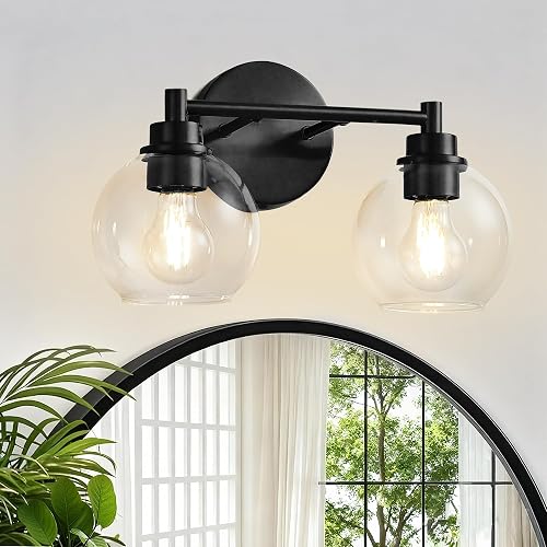 Bathroom Light Fixtures, Vanity Lights for Bathroom 2-Light Black, Bathroom Lighting Fixtures Over Mirror with Clear Glass Globe Shade, Bathroom