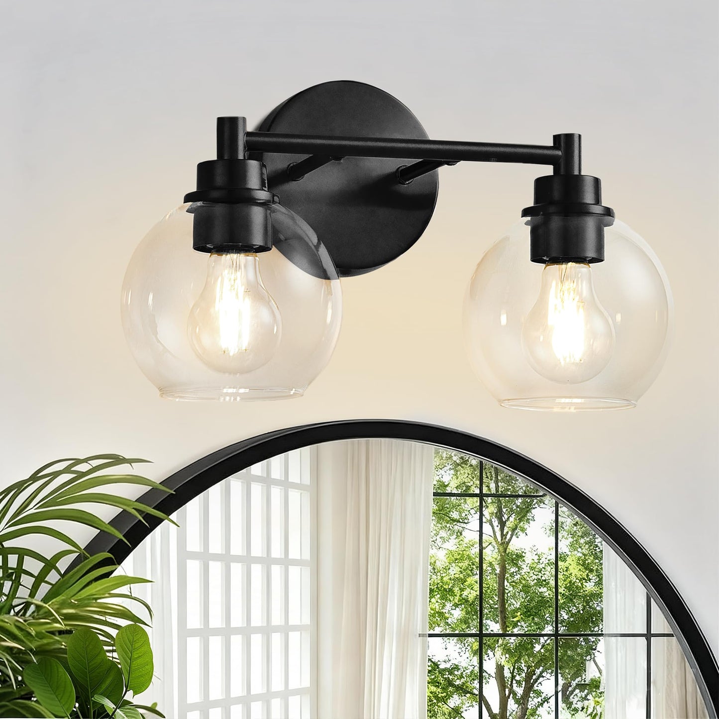 Bathroom Light Fixtures, Vanity Lights for Bathroom 2-Light Black, Bathroom Lighting Fixtures Over Mirror with Clear Glass Globe Shade, Bathroom