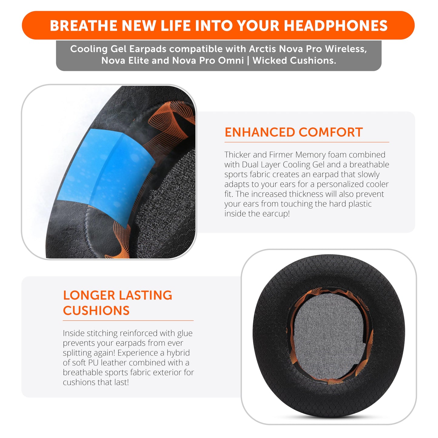 WC Mod Kit Nova Pro Wireless, Pro Omni, & Elite - Cooling Gel Earpads, Silicone Headband, & Side Plates for Arctis Nova Pro Wireless, Nova Elite