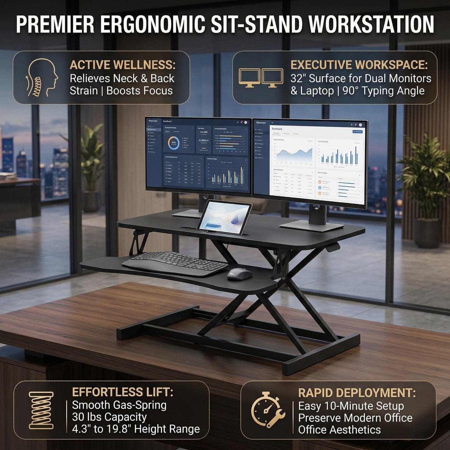 VENLUSUIR Standing Desk Converter 32" - Sit to Stand Desk Converter for Dual Monitors - Height Adjustable Desk Riser for Standing - Home Office