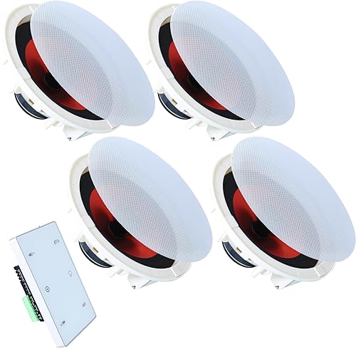 QAU Bluetooth in Wall in Ceiling Speakers with 4-Channel Wall Amplifier, 6.5" 2-Way Flush Mount Speakers System, TF/USB/AUX, for Home Theater Office