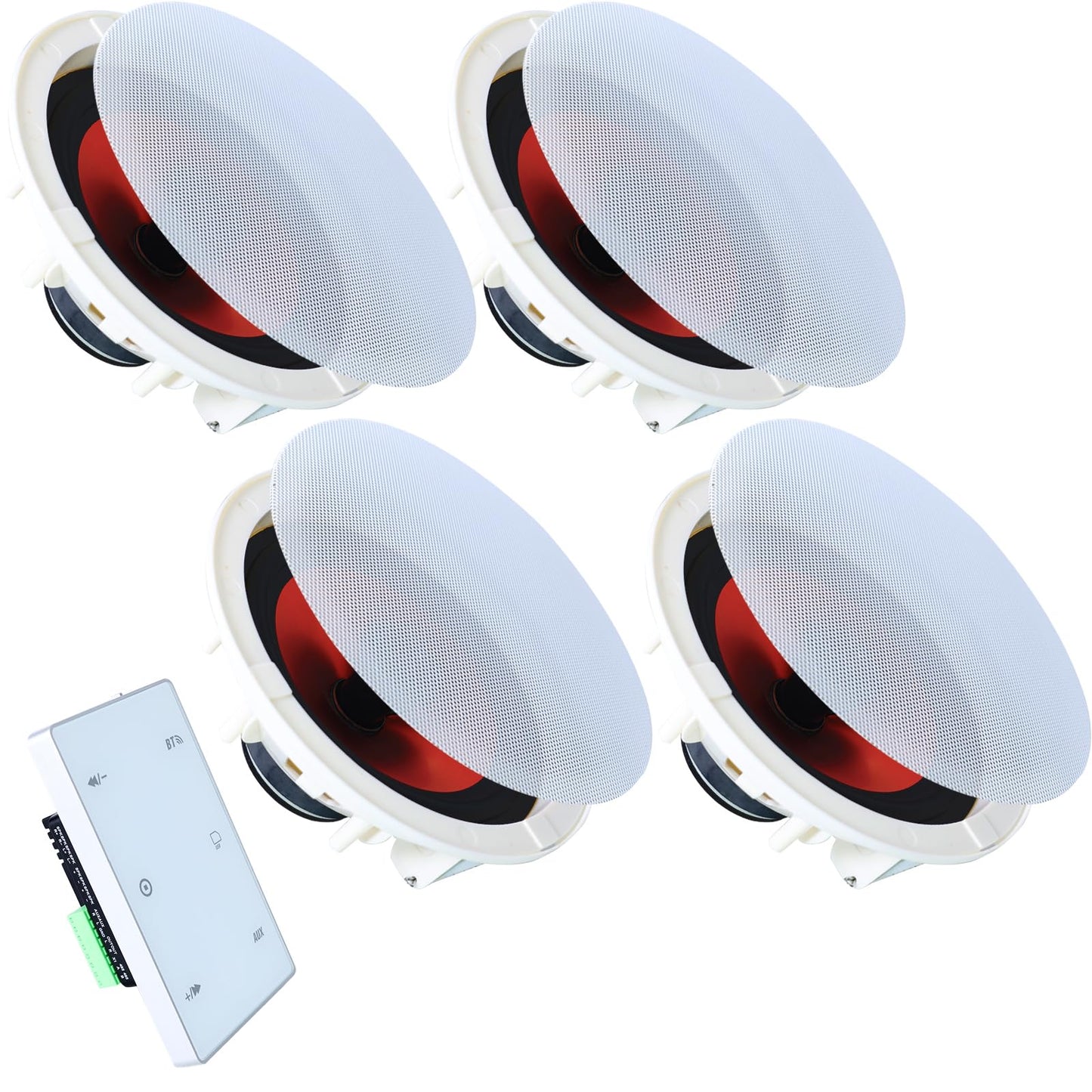 QAU Bluetooth in Wall in Ceiling Speakers with 4-Channel Wall Amplifier, 6.5" 2-Way Flush Mount Speakers System, TF/USB/AUX, for Home Theater Office