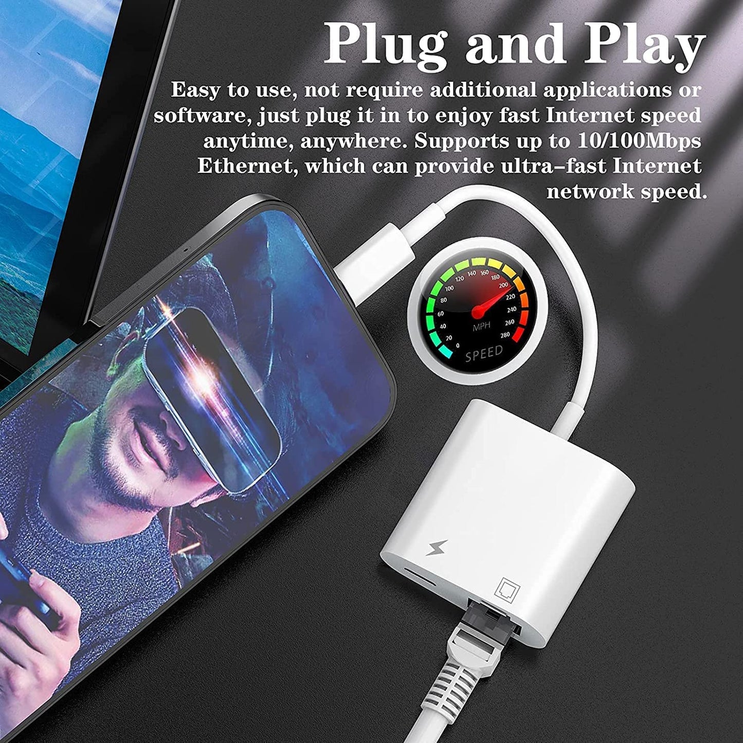 TOP-UP 2 in 1 Lightning to Ethernet Adapter - Lightning to RJ45 Ethernet LAN Network Adapter with Charge Port, Compatible with iPhone/iPad/iPod, Plug